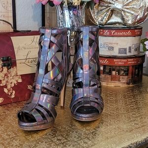 gorgeous gray holographic gladiator booties
